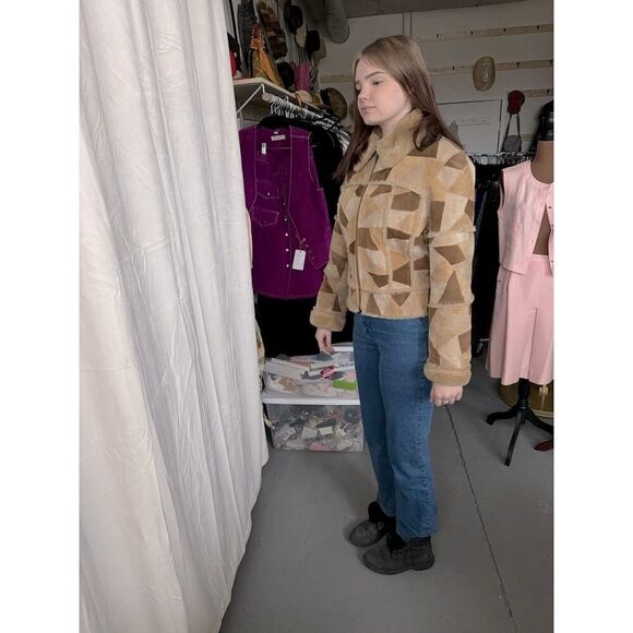 Vintage Suede Patchwork Brown+Tan+Beige Zip Up Jacket - Picture 5 of 6